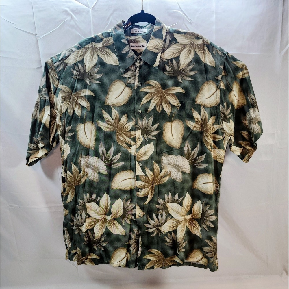 VINTAGE Pierre Cardin Shirt Mens Large Green Beige Hawaiian Button Up 100% Rayon